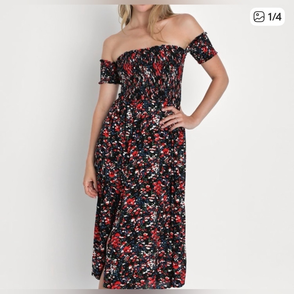 Lulu’s Chic Off-Shoulder Floral Midi Dress